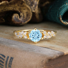 0.8 Carat 6 Prong Round Cut Aquamarine Classic Engagement Wedding Ring