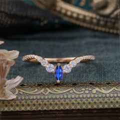 2 Prong Marquise & Round Cut Sapphire Curved Wedding Band Stacking Ring