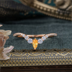 2 Prong Marquise & Round Cut Citrine Curved Wedding Band Stacking Ring