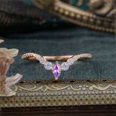 2 Prong Marquise & Round Cut Amethyst Curved Wedding Band Stacking Ring