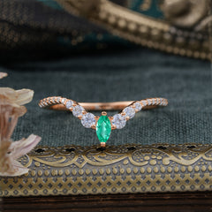 2 Prong Marquise & Round Cut Emerald Curved Wedding Band Stacking Ring