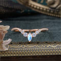 2 Prong Marquise & Round Cut Moonstone Curved Wedding Band Stacking Ring