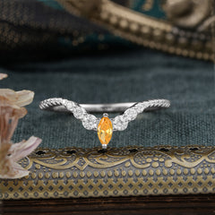 2 Prong Marquise & Round Cut Citrine Curved Wedding Band Stacking Ring