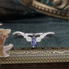 2 Prong Marquise & Round Cut Tanzanite Curved Wedding Band Stacking Ring