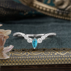 2 Prong Marquise & Round Cut Turquoise Curved Wedding Band Stacking Ring
