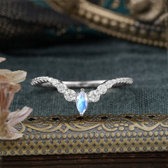 2 Prong Marquise & Round Cut Moonstone Curved Wedding Band Stacking Ring