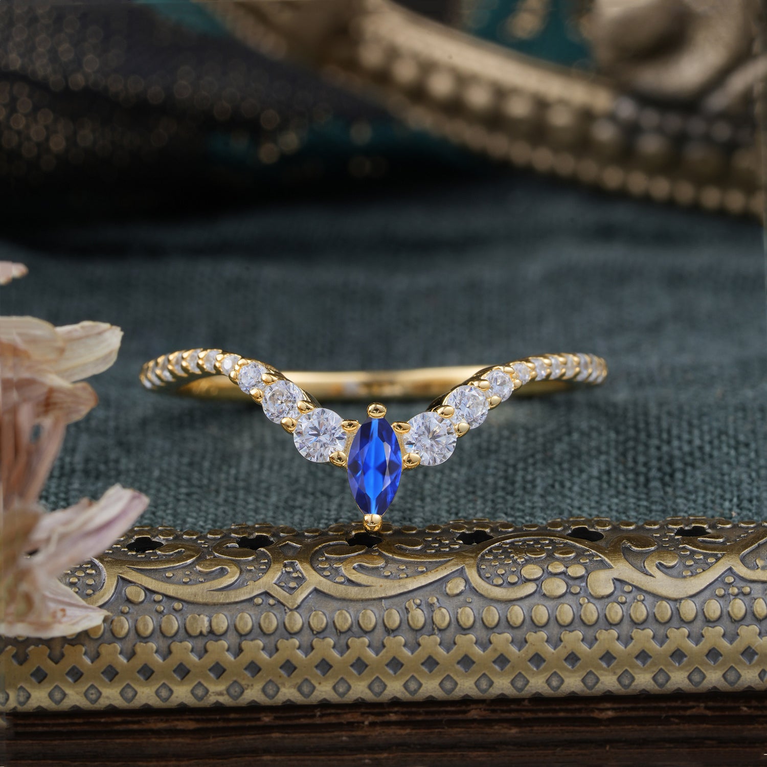 2 Prong Marquise & Round Cut Sapphire Curved Wedding Band