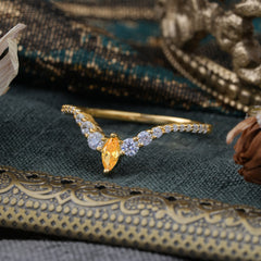 2 Prong Marquise & Round Cut Citrine Curved Wedding Band Stacking Ring