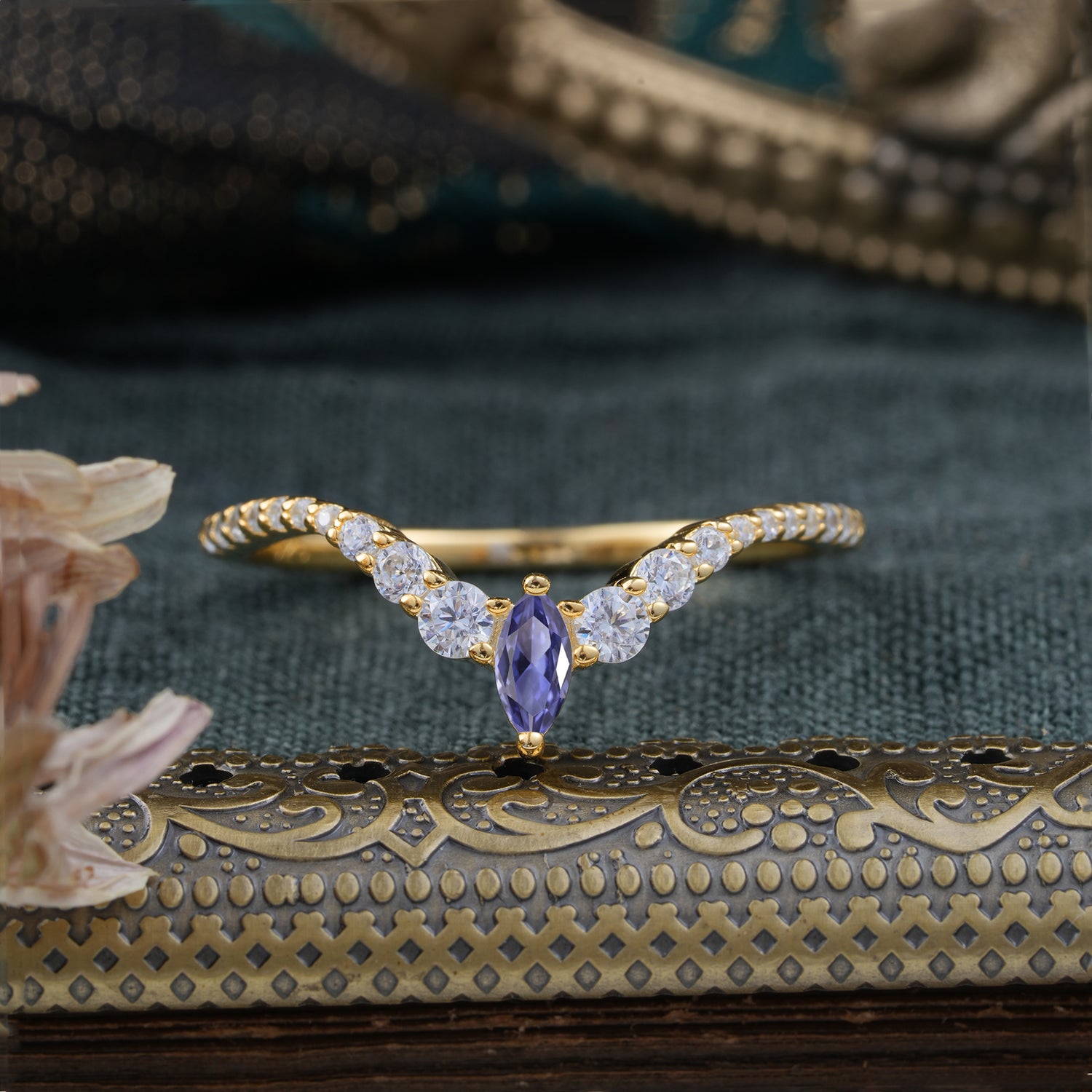 2 Prong Marquise & Round Cut Tanzanite Curved Wedding Band