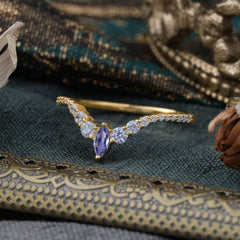 2 Prong Marquise & Round Cut Tanzanite Curved Wedding Band Stacking Ring