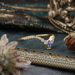 2 Prong Marquise & Round Cut Tanzanite Curved Wedding Band Stacking Ring