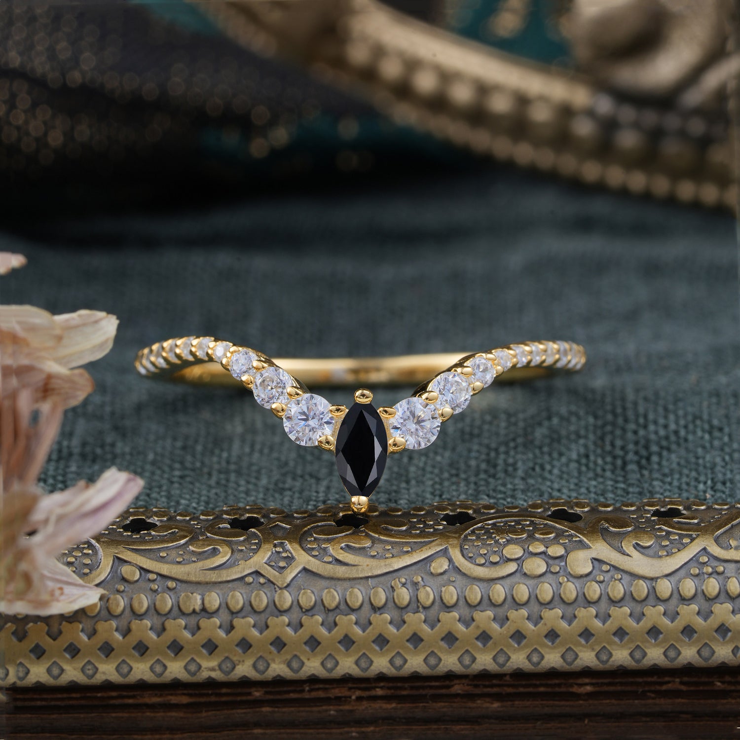 Marquise & Round Cut Black Onyx Curved Wedding Band