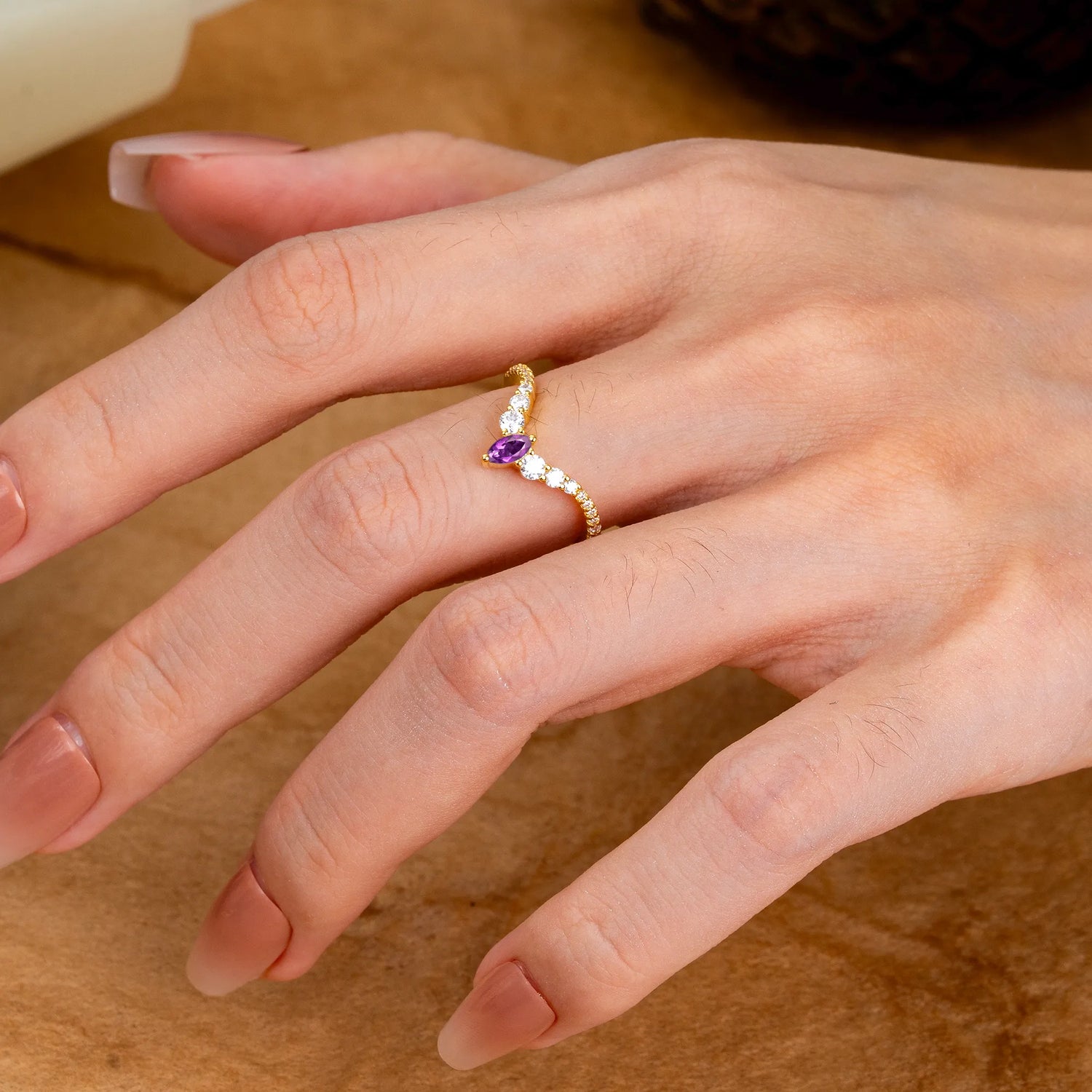 2 Prong Marquise & Round Cut Amethyst Curved Wedding Band