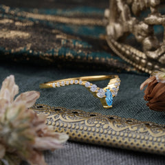 2 Prong Marquise & Round Cut Aquamarine Curved Wedding Band Stacking Ring