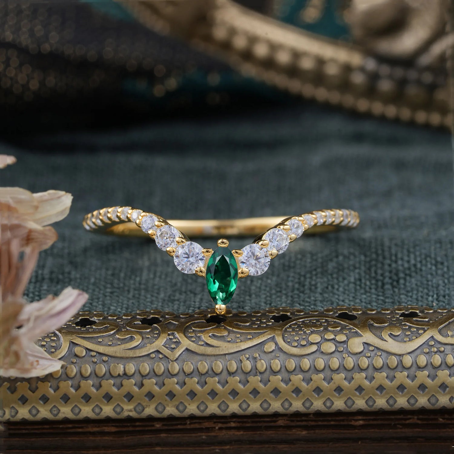 2 Prong Marquise & Round Cut Emerald Curved Wedding Band