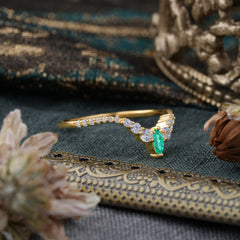 2 Prong Marquise & Round Cut Emerald Curved Wedding Band Stacking Ring