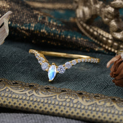 2 Prong Marquise & Round Cut Moonstone Curved Wedding Band Stacking Ring