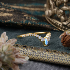 2 Prong Marquise & Round Cut Moonstone Curved Wedding Band Stacking Ring