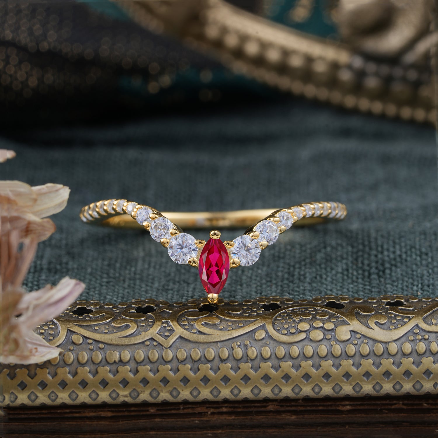 2 Prong Marquise & Round Cut Ruby Curved Wedding Band