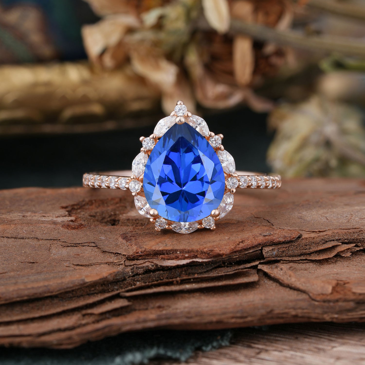 3 Carat Pear Cut Vintage White 3 Prong Sapphire Pave Engagement Ring