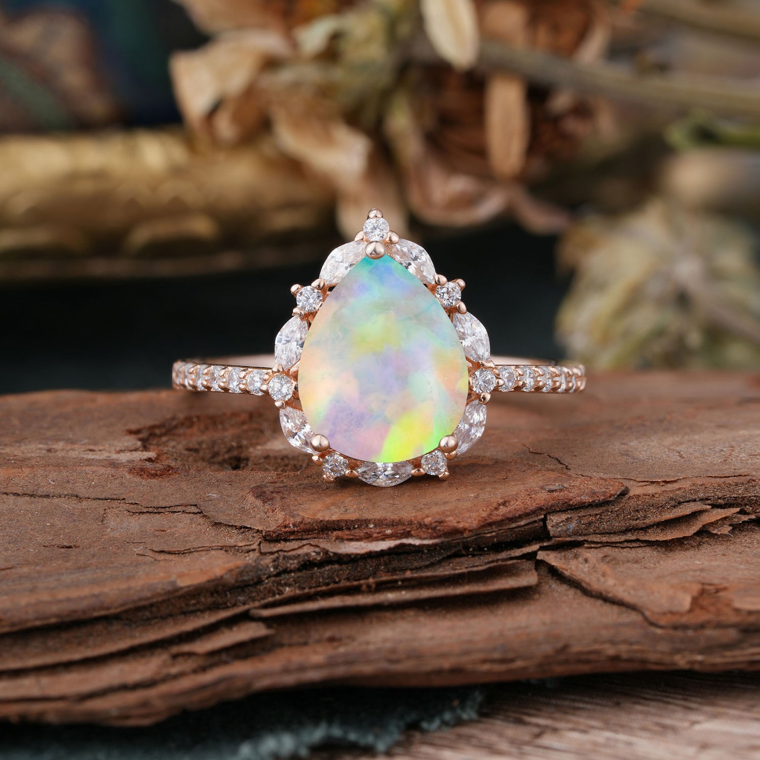 3 Carat Pear Cut Vintage Lab Grown Opal Pave Engagement Ring