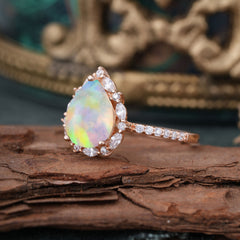 Vintage Lab Grown Opal Engagement Ring | 3ct Pear Cut with Opal Pave Setting