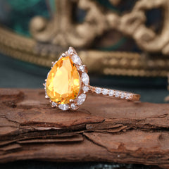3 Carat Pear Cut Vintage 3 Prong Citrine Ring Pave Engagement Ring