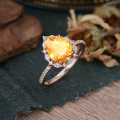 3 Carat Pear Cut Vintage 3 Prong Citrine Ring Pave Engagement Ring