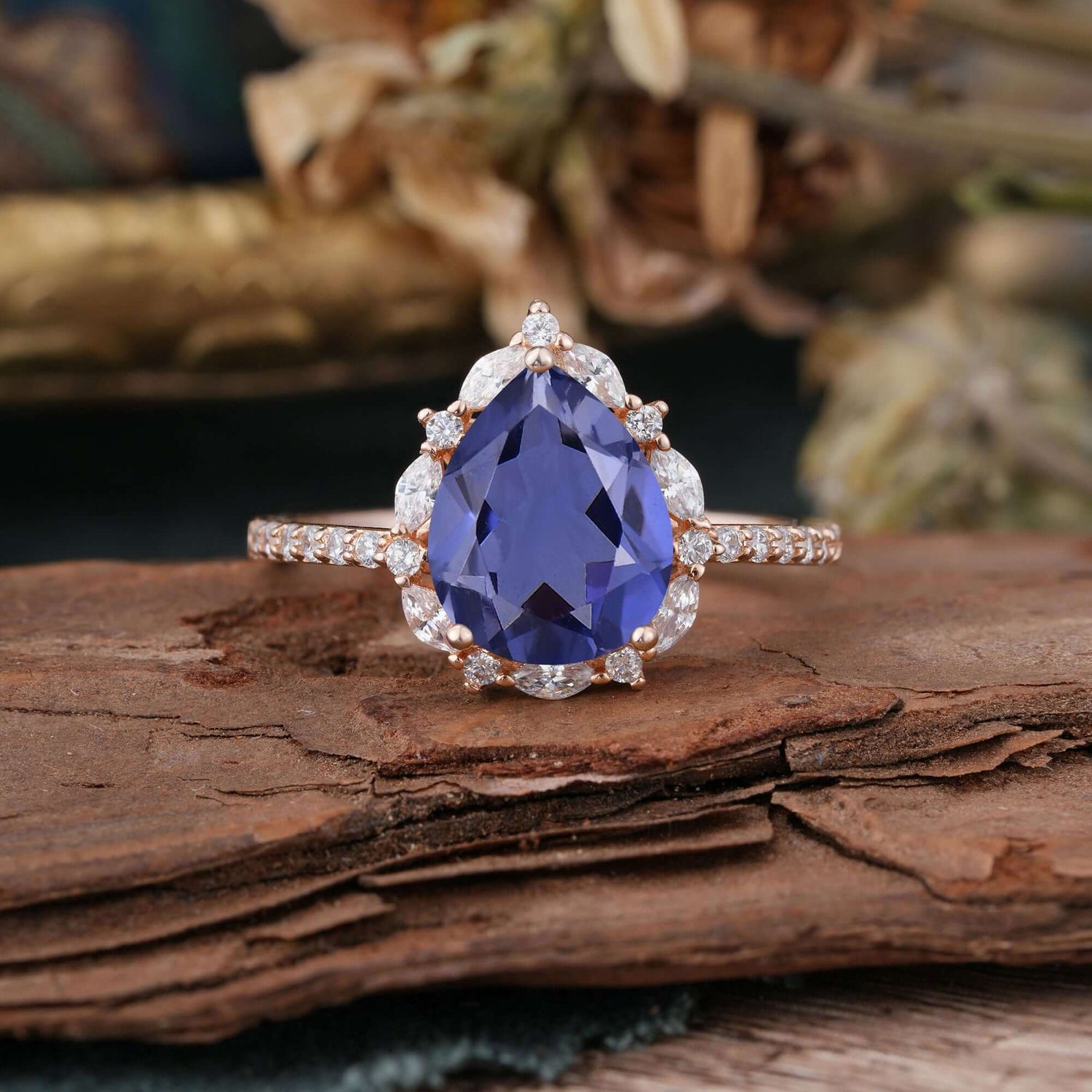 3 Carat Pear Cut Vintage 3 Prong Tanzanite Pave Engagement Ring