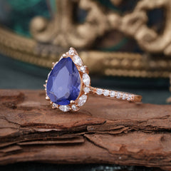 3 Carat Pear Cut Vintage 3 Prong Tanzanite Ring Pave Engagement Ring