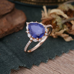 3 Carat Pear Cut Vintage 3 Prong Tanzanite Ring Pave Engagement Ring