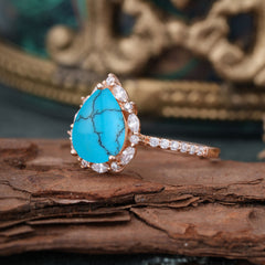 3 Carat Pear Cut Vintage 3 Prong Turquoise Ring Pave Engagement Ring