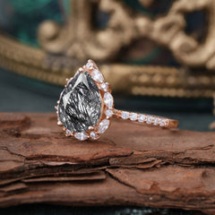 3 Carat Pear Cut Vintage 3 Prong Black Rutilated Quartz Ring Pave Engagement Ring