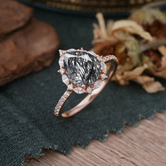 3 Carat Pear Cut Vintage 3 Prong Black Rutilated Quartz Ring Pave Engagement Ring