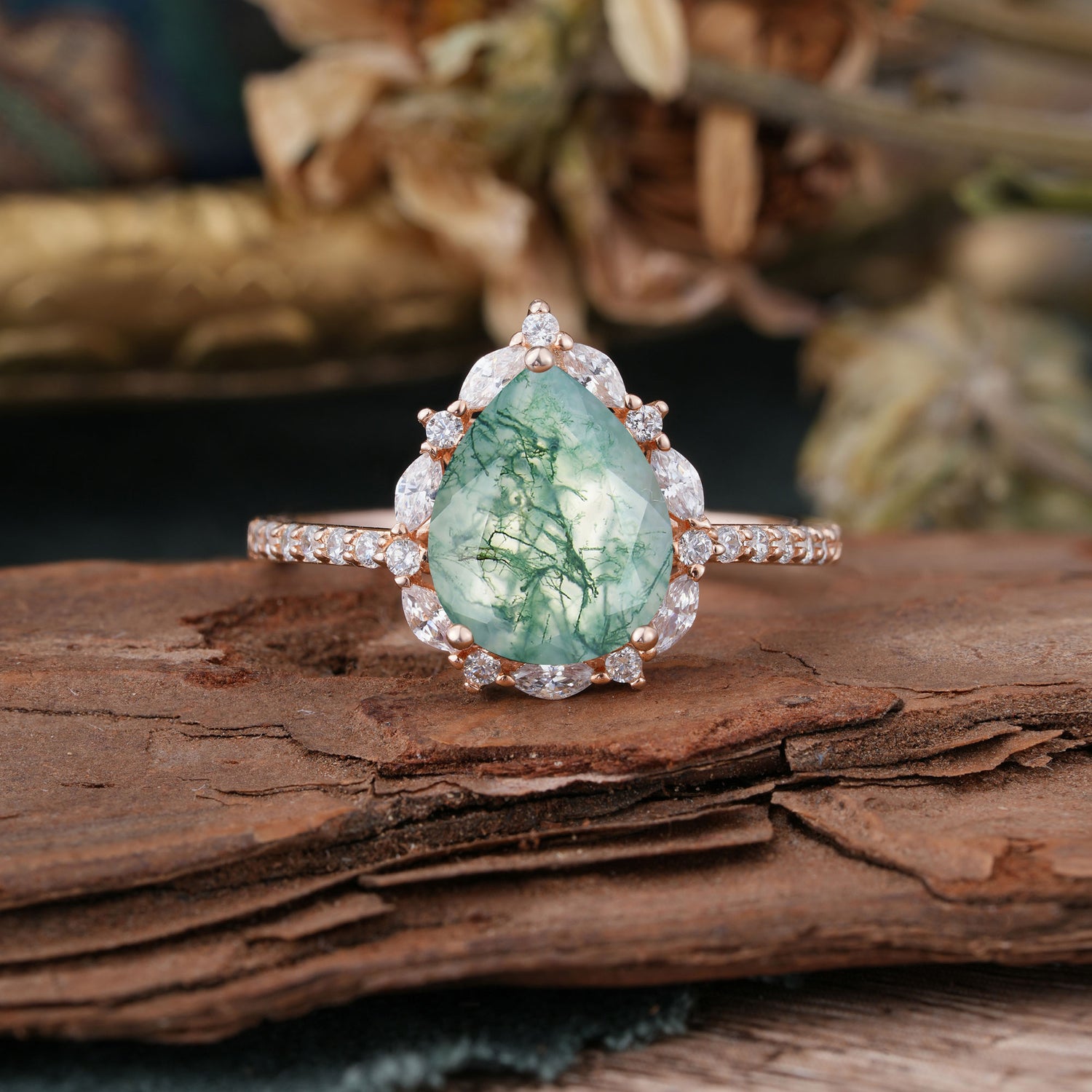 3 Carat Pear Cut Vintage Moss Agate Pave Engagement Ring