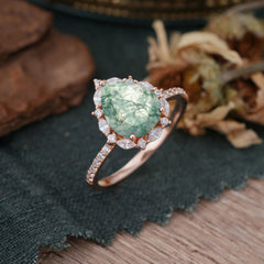 3 Carat Pear Cut Vintage Moss Agate Ring Pave Engagement Ring