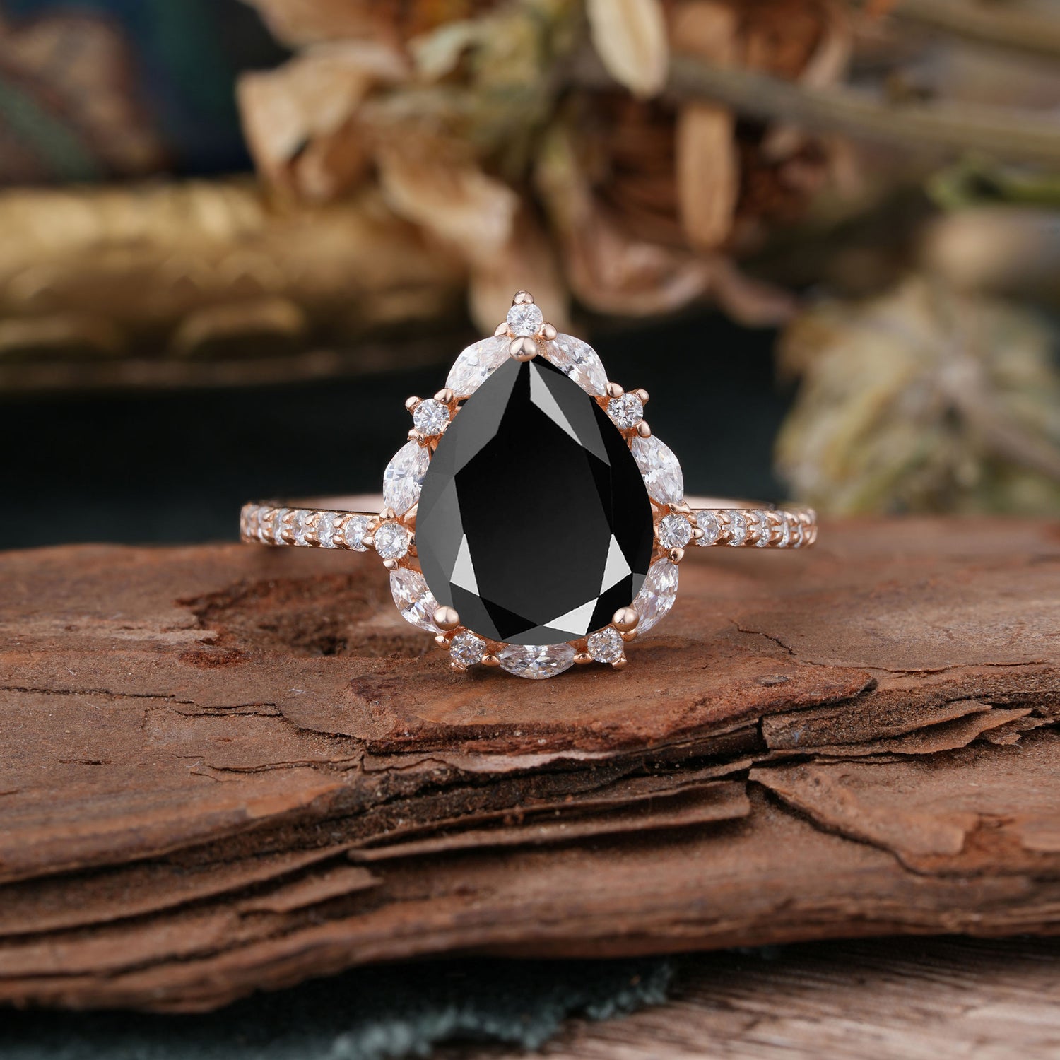 3 Carat Pear Cut Vintage Black Onyx Pave Engagement Ring
