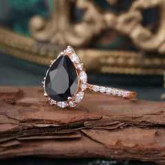 3 Carat Pear Cut Vintage Black Onyx Ring Pave Engagement Ring