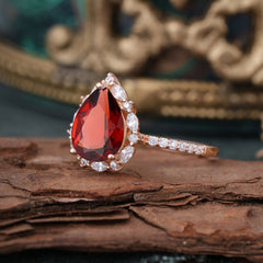 3 Carat Pear Cut Vintage Red 3 Prong Garnet Ring Pave Engagement Ring
