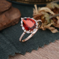 3 Carat Pear Cut Vintage Red 3 Prong Garnet Ring Pave Engagement Ring
