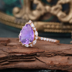 3 Carat Pear Cut Vintage 3 Prong Amethyst Ring Pave Engagement Ring