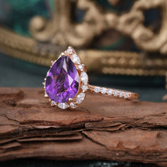 3 Carat Pear Cut Vintage 3 Prong Amethyst Ring Pave Engagement Ring