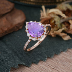 3 Carat Pear Cut Vintage 3 Prong Amethyst Ring Pave Engagement Ring