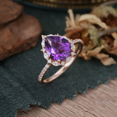 3 Carat Pear Cut Vintage 3 Prong Amethyst Ring Pave Engagement Ring