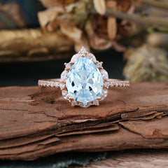 3 Carat Pear Cut Vintage 3 Prong Aquamarine Ring Pave Engagement Ring