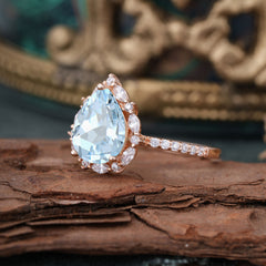 3 Carat Pear Cut Vintage 3 Prong Aquamarine Ring Pave Engagement Ring