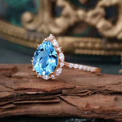 3 Carat Pear Cut Vintage 3 Prong Aquamarine Ring Pave Engagement Ring