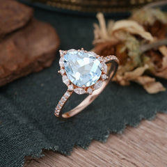 3 Carat Pear Cut Vintage 3 Prong Aquamarine Ring Pave Engagement Ring
