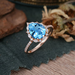 3 Carat Pear Cut Vintage 3 Prong Aquamarine Ring Pave Engagement Ring
