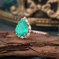 3 Carat Pear Cut Vintage 3 Prong Emerald Ring Pave Engagement Ring